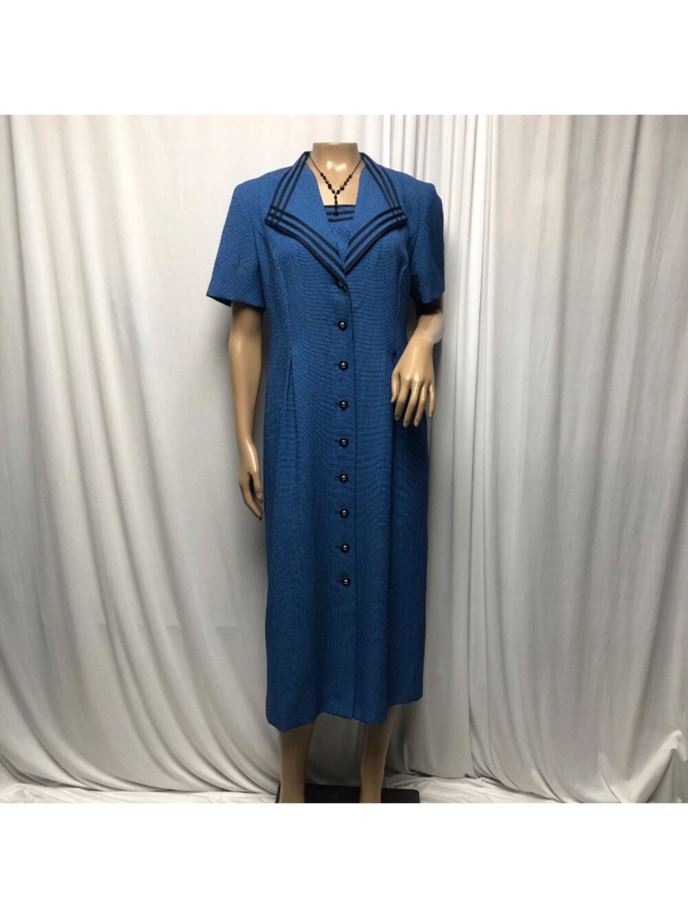 Miss Dorby Dress Womens Size 6 Petite Button Front Blue Midi Vintage Modest